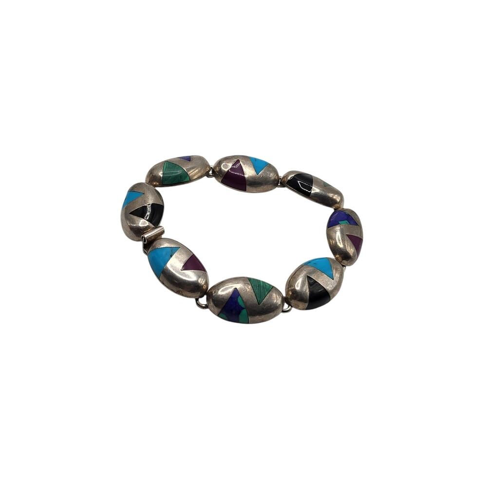 Vintage Mexico 925 Sterling Inlay Link Bracelet 8 In